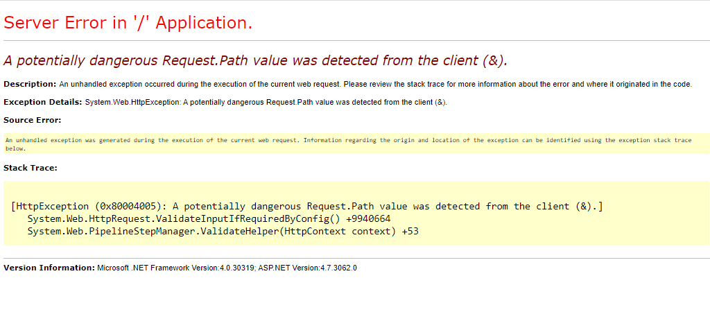 [ASPNET] Fix A potentially dangerous Request.Path value was detected from the client