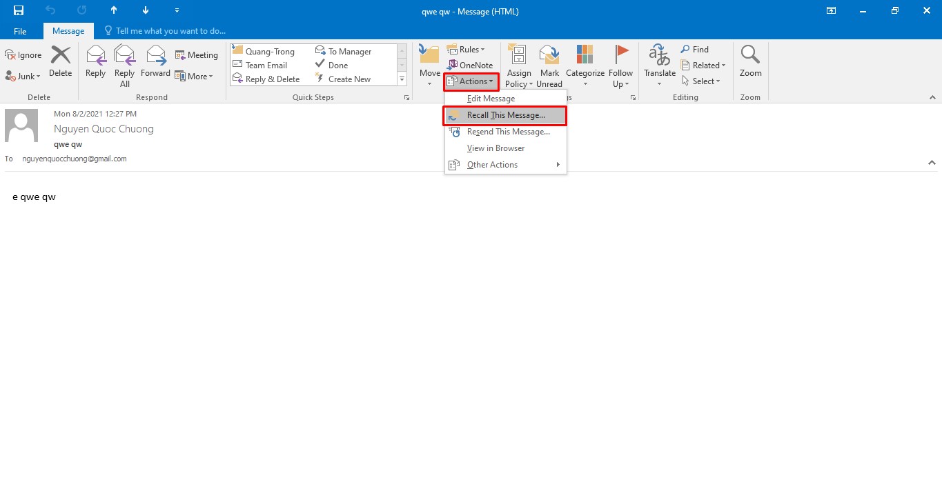 recalling a message in outlook