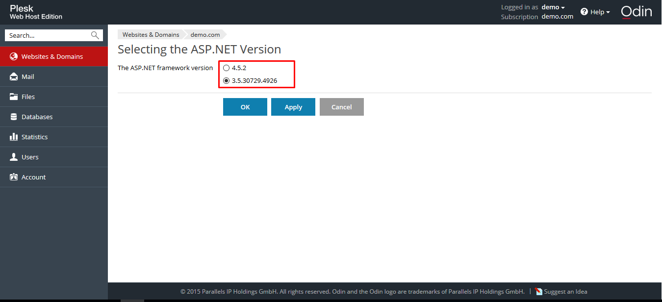 Selecting the ASP.NET Version
